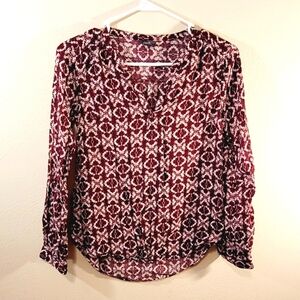 Womens Eddie Bauer Red Geometric V-Neck‎ Long Sleeve Tunic Top Size XS